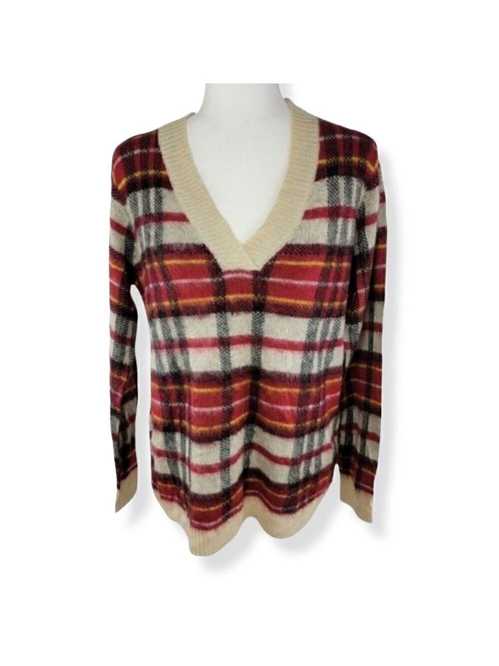 St.John' Bay Plaid knit V-neck sweater M NWT